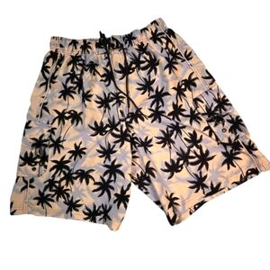 Islander Palm Tree Print Men's Medium Swim Trunks Board Shorts Blue Black White